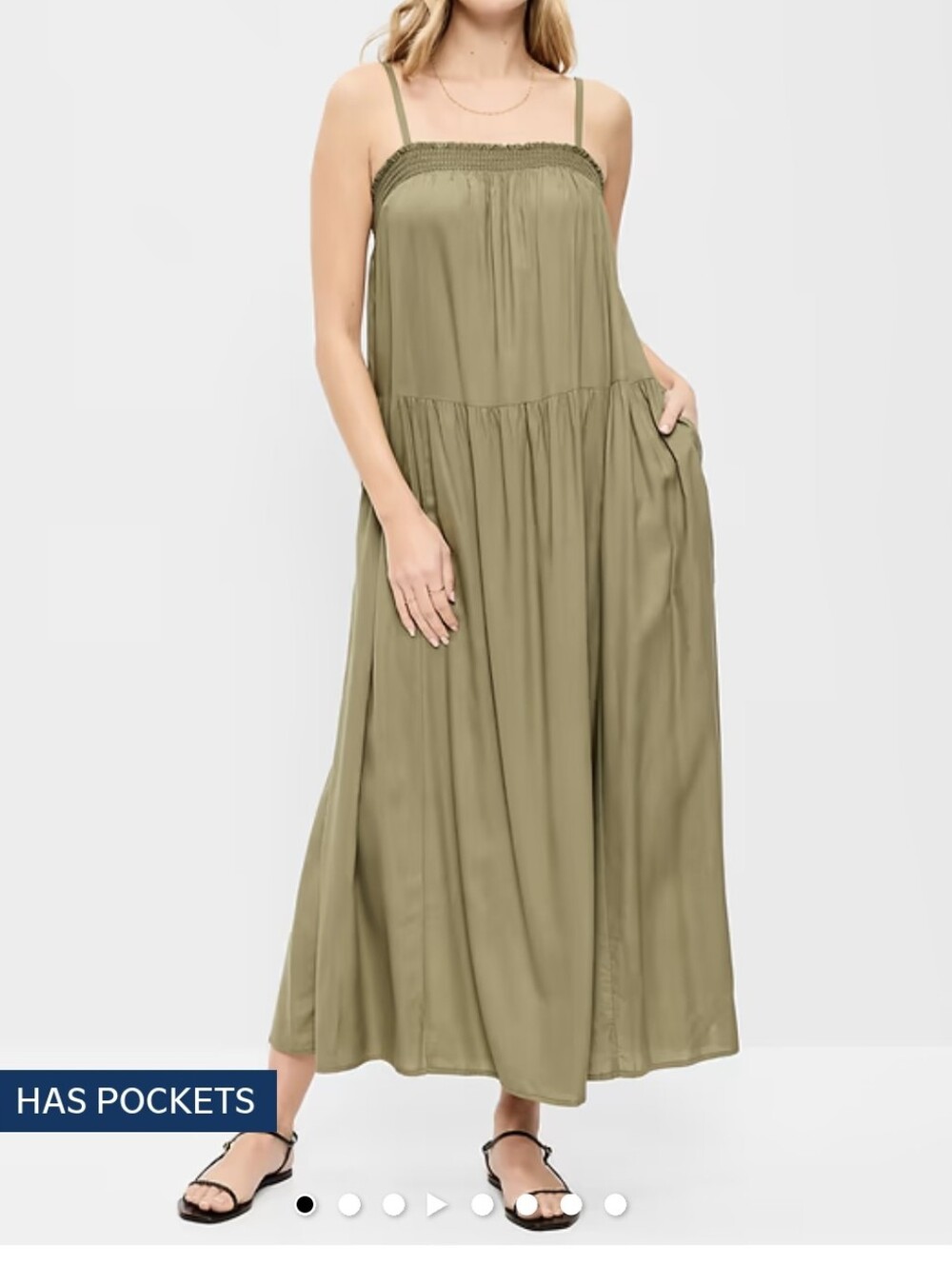 Olive Green Smocked-Bodice Maxi Dress with Pockets
